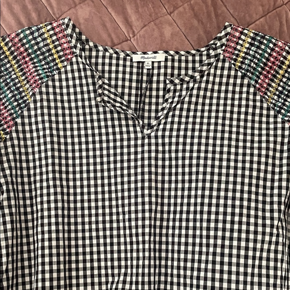 Madewell Black and White Gingham Blouse with Multicolor Accents